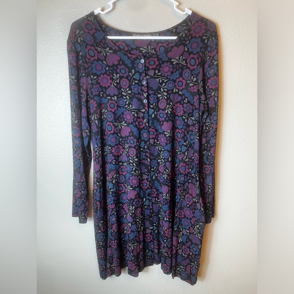 Gudrun Sjödén Purple/Blue/Black Floral Button‎ Down Tunic/ Mini Dress Size M